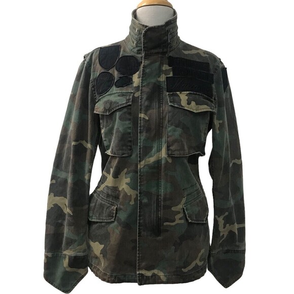 Pledge Camouflage Military Jacket Blazer Y2K Patches Japan Size 46 /S Riri Zip - Picture 1 of 16